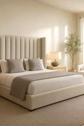 Upholstered Platform Bed with Padded Headboard - Beige, King