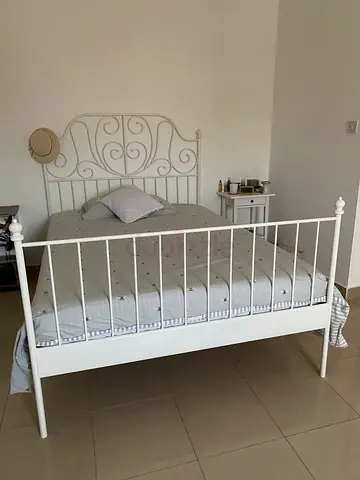 White Metal Double Bed Frame with Slatted Headboard and Footboard