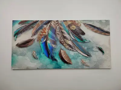 Large Feather Wall Art Canvas - Teal  Neutral Tones