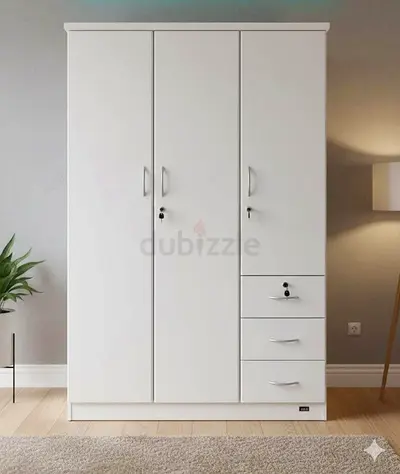 White 3-Door Wardrobe with Drawers - Good Condition