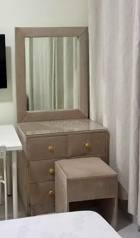 Beige Velvet Dressing Table with Mirror and Stool - Good Condition