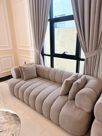 Light Beige Curved Tufted Sofa - Excellent Condition 3+1+1