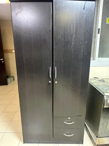 Dark Wood 2-Door Wardrobe with Drawers - Good Condition