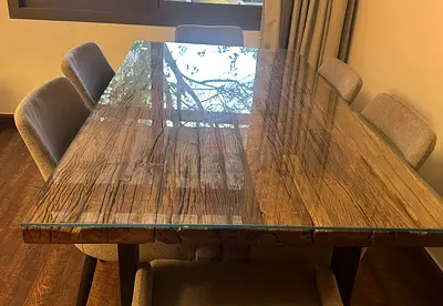 Solid railway Wood Dining Table with glass top with 6 Upholstered Chairs- 6 seater