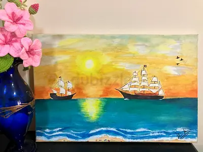 Hand-painted Seascape with Sailing Ships (Original Canvas Painting)
