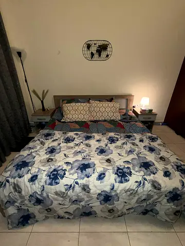 King Bed Frame with Mattress and Bedding (Wooden Headboard) - Good Condition