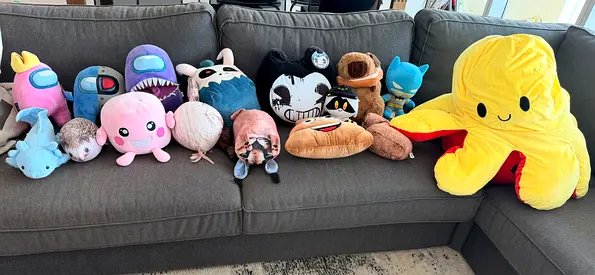 Lot of Mixed Plush Toys — Octopus, Among Us, Characters — Good Used Condition