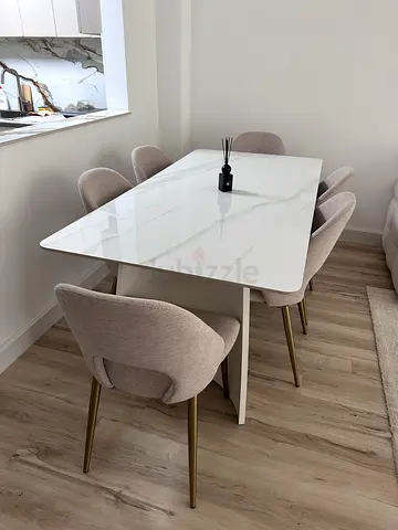 Modern White Marble-Top Dining Table with 6 Upholstered Chairs