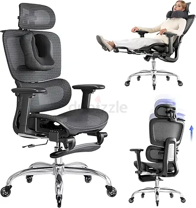 Ergonomic Reclining Office Chair with Headrest and Footrest - Grey