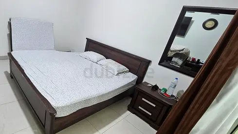 Used Wooden Double Bed with Nightstand and Mirror -matress including Dark Brown