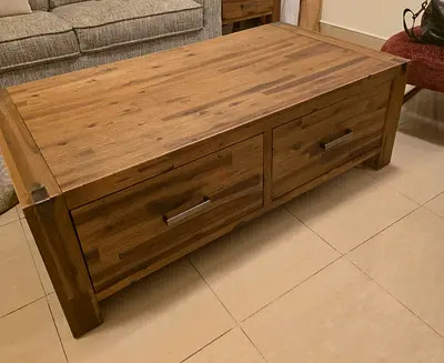 Solid Wood Coffee Table with Two Drawers - Rustic Finish
