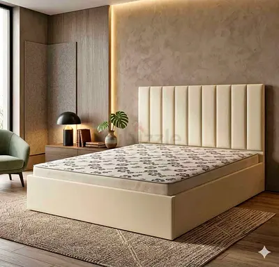 Beige Upholstered Platform Bed with Tall Padded Headboard - king/Double