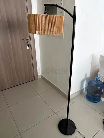 Black Arc Floor Lamp with Woven Rattan Shade