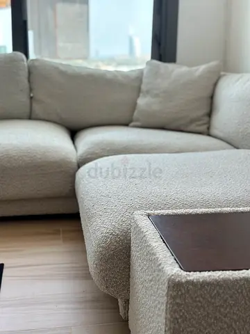 Light Beige Bouclé L-Shape Sofa with Ottoman/ Modern U-Shape Boucle Sofa with Built-in Wood Tables