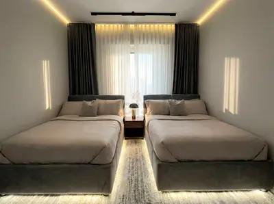 Two upholstered double beds (140x200) with bedside table + 2 spring mattress — modern neutral set