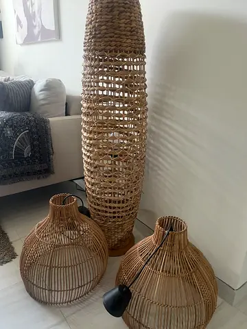 Set of 3 Rattan/Wicker 1 Floor and 2 ceiling Lamps with light fittiTall  2 Medium) - Natural Finish