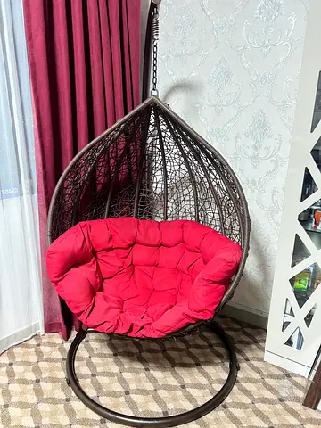 Hanging Egg Chair with Stand and Red Cushion - Good Condition