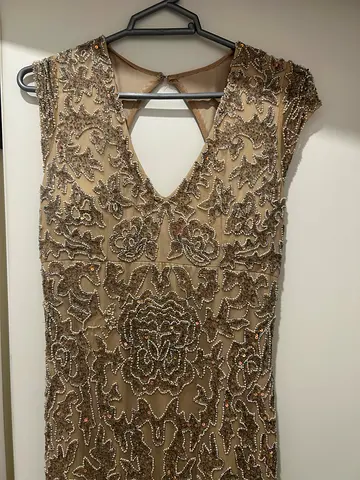 Beige sleeveless beaded Alberto Makali NYC evening dress, size L as brand new worn 1 time only