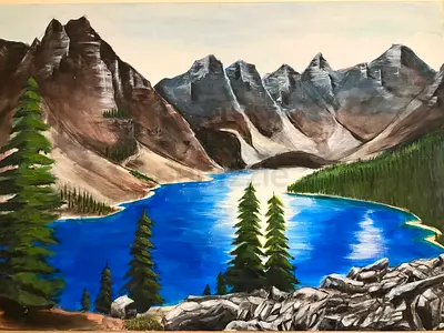Handmade Original Landscape Painting of Canadian  Mountains  Lake on Canvas