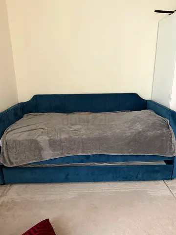Blue Velvet Single Bed Frame with Trundle - Good Condition