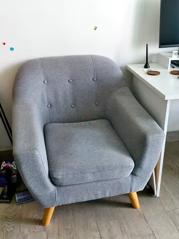 Comfortable Grey Fabric Armchair with Wooden Legs - Good Condition