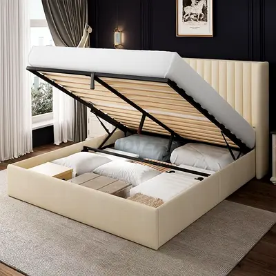 Beige Upholstered Ottoman Storage Bed with Hydraulic Lift - Queen/King