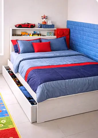 White Single Bed with Storage Drawers and Headboard Shelves - Kids/Teen