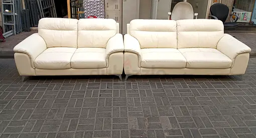 Set of 2 Cream Leather 3-Seater Sofas — Good Condition