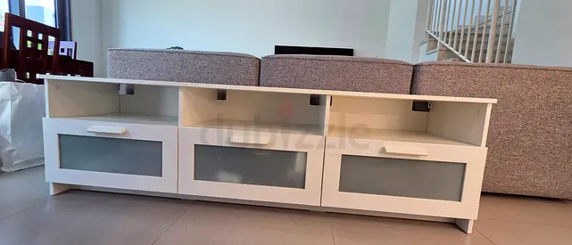 White TV Unit / Media Console with Glass Fronts - Good Condition