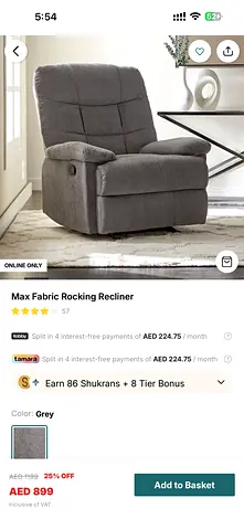 Grey Max Fabric Rocking Recliner - Comfortable Single Seater