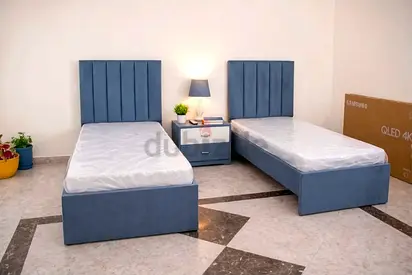 Brand New Pair of Blue Single Beds with Headboards and Nightstand
