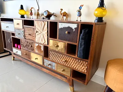 Solid Malaysian Wood Multi-Drawer Sideboard / Console with Mixed Drawer Faces. Purchase value 3500