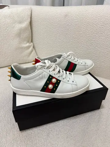 Gucci White Ace Web Pearl Studs Leather Sneaker