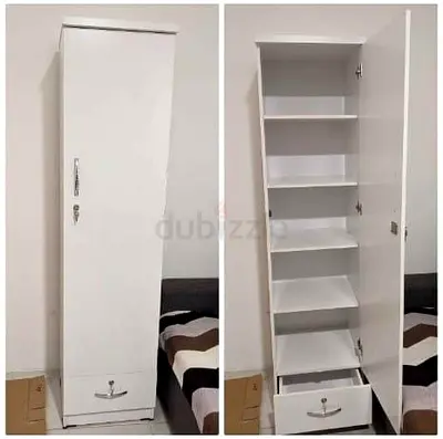 Slim White Single-Door Wardrobe / Tall Storage Cabinet with Shelves and Drawer