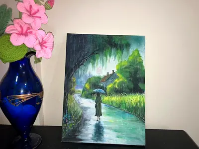Award Winning Original Handmade Painting — Woman with Umbrella on Rainy Lane with nature