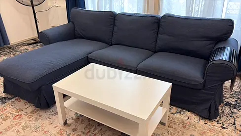 Blue L-shaped Fabric Sofa - excellent Condition. Bought July-2025 AED 2395/- with coffee table