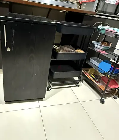 KITCHEN TROLLEY AND ORGANISERS - Black Kitchen Trolley with Wheels and Storage Cabinet with door