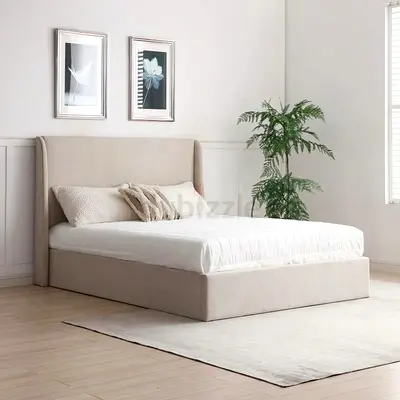 Beige Upholstered Double Bed with Headboard