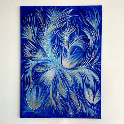 Original Abstract Blue Feather Painting on Canvas