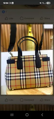 Beige Check Pattern Handbag with Black Handles Buberry double strap