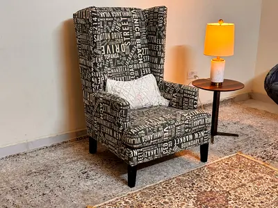 High-back Accent Armchair with Text Print Upholstery - Good Condition