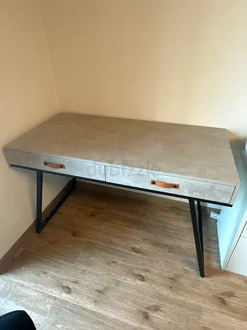 Concrete-look Study Desk with Leather Handles and Metal Legs