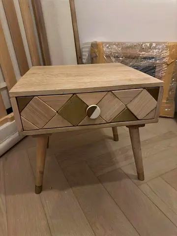 Wooden Side Table with Decorative Drawer — Light Oak