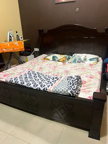 Solid wooden double bed with headboard and footboard - dark brown