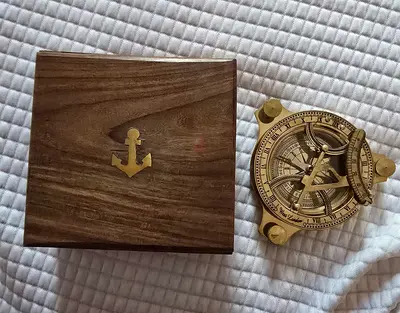NEW Solid Brass West London Sundial Compass with Anchor Inlay Wooden Box