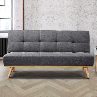 Compact Grey Fabric Sofa Bed / Futon - Modern Mid-Century Style