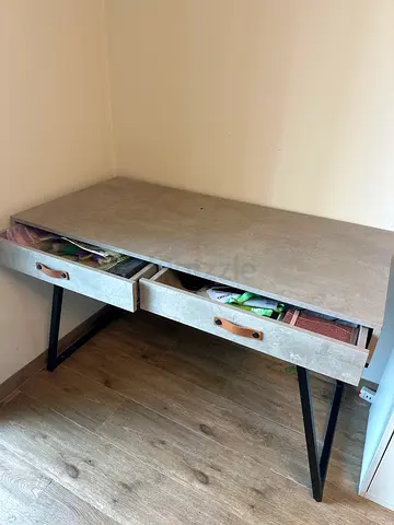 Concrete-look Study Desk with Leather Handles and Metal Legs