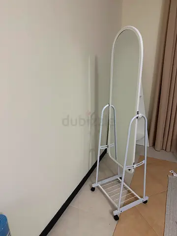 Standing Mirror with Shoe Rack and Wheels - White