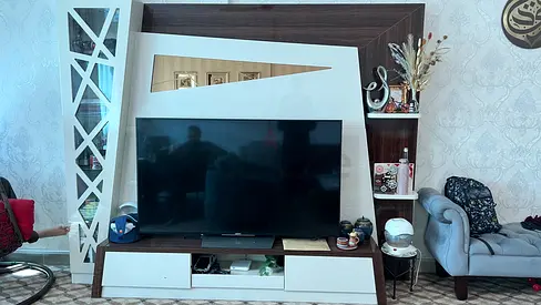 Modern TV Entertainment Unit with Shelves and Storage - Brown  White