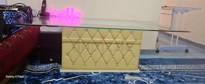 Glass Top Coffee Table with Upholstered Diamond-Tufted Base